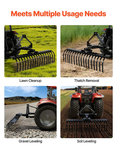 50 Inch Tow Behind Landscape Rake With 17 Steel Tines For Category 1 Tractors, heavy duty dethatcher in lawn and gravel leveling