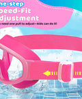 Kids Swim Goggles 2 Pack With No Hair Pulling Comfort Fabric Strap for Ages 3 to 14 in pink showing easy fit adjustment feature