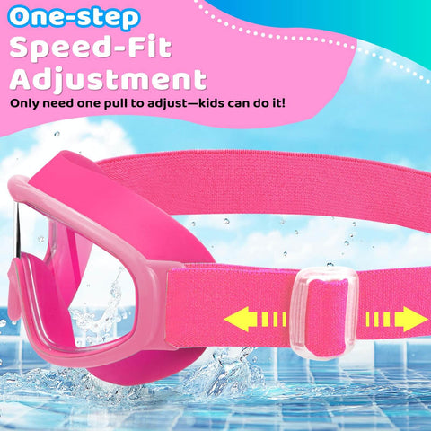 Kids Swim Goggles 2 Pack With No Hair Pulling Comfort Fabric Strap for Ages 3 to 14 in pink showing easy fit adjustment feature