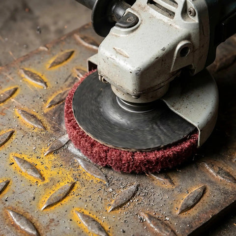 Angle grinder using 20 Pack Nylon Fiber Flap Discs For Your 4 Inch Angle Grinder, 180 And 320 Grit, for rust removal on metal surface