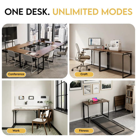 Versatile grab-and-go foldable desk with 31.5 inch wood top shown in conference, craft, work, and fitness modes.