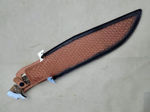 Sheathed stag handle fixed blade knife with handmade Bowie style, mirror polish stainless steel blade, for camping and hunting.