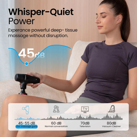 Person using 3 In 1 Detachable Massage Gun With Heat For Deep Tissue Relief on thigh, showing 45 dB quiet operation.