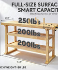 Beefy Rubberwood 60 Inch Workbench With Two Storage Shelves Heavy Duty 450 Lb Capacity Vise Slot And Bench Dog Holes For Garage And Workshop