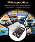 12V 6 Way Fuse Block With Relay for Marine and RV applications, shown with diverse vehicles such as RVs, yachts, and trucks in the background.