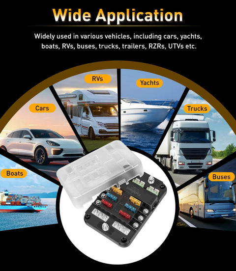 12V 6 Way Fuse Block With Relay for Marine and RV applications, shown with diverse vehicles such as RVs, yachts, and trucks in the background.