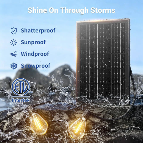 200 Foot Solar String Lights Outdoor Waterproof With Remote Control, shatterproof and weatherproof solar panel, wet environment.