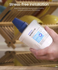 Hand holding 2 Pack Refrigerator Water Filter DA29-00003G Carbon Block for clean, fresh water with details on stress-free installation.