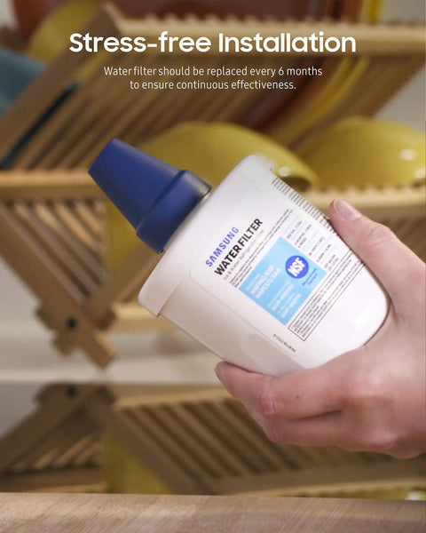 Hand holding 2 Pack Refrigerator Water Filter DA29-00003G Carbon Block for clean, fresh water with details on stress-free installation.