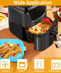 Two Pack Reusable Air Fryer Square Liners For 3 To 6 Qt in use with food, red and blue silicone liners in air fryer and on table