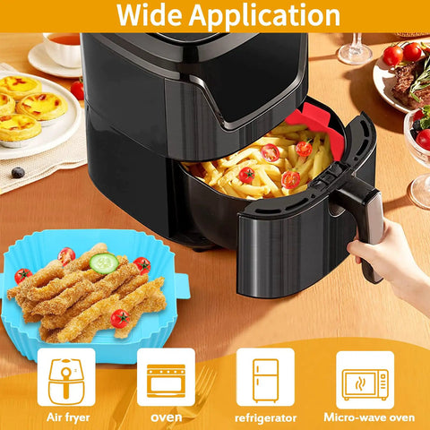 Two Pack Reusable Air Fryer Square Liners For 3 To 6 Qt in use with food, red and blue silicone liners in air fryer and on table