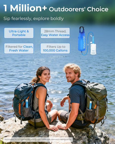 Couple by lake with backpacks using Gravity Water Filter Straw For Camping And Backpacking, 5 Stage Filtration With 0.1 Micron Membrane