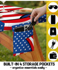Hand placing sunglasses in pocket of Waterproof Picnic Table Cover With Bench Covers Set For 72x30 Table And 72x12 Benches A Fitted Outdoor Tablecloth for Camping RV Travel Road Trips Road Trip Ready Gear And Accessories with American Flag Design Gift, showing practical use and pocket details.