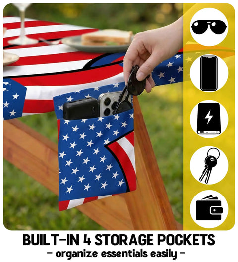 Hand placing sunglasses in pocket of Waterproof Picnic Table Cover With Bench Covers Set For 72x30 Table And 72x12 Benches A Fitted Outdoor Tablecloth for Camping RV Travel Road Trips Road Trip Ready Gear And Accessories with American Flag Design Gift, showing practical use and pocket details.