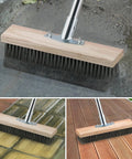 Heavy Duty Wire Scrub Brush With Telescopic Handle 57-Inch for patio deck cleaning featuring wood headstock and metal bristles in use