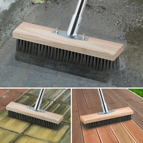 Heavy Duty Wire Scrub Brush With Telescopic Handle 57-Inch for patio deck cleaning featuring wood headstock and metal bristles in use