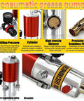 Workhorse Pneumatic Grease Gun For Farm And Industrial Jobs 50 To 1 Ratio Air Operated, high-density silencer and valve close-up