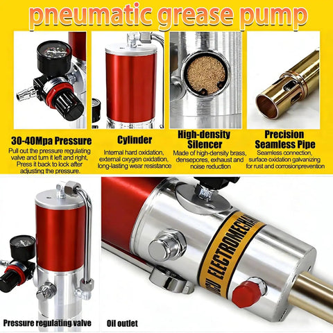 Workhorse Pneumatic Grease Gun For Farm And Industrial Jobs 50 To 1 Ratio Air Operated, high-density silencer and valve close-up
