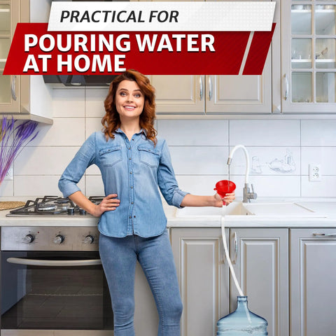 Woman using Long 23 Inch Wide 3 Inch Funnel With Flexible Hose For Transmission Fluid And Engine Oil in kitchen setting