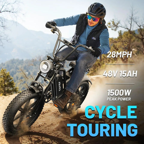 Rider on 20 Inch Fat Tire Electric Bike For Adults With 1500 Watt Peak Motor Removable 48V 15Ah Battery on dirt trail