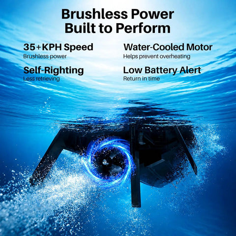 Underwater view of Brushless RC Boat For Adults And Teens 35 KPH Crazy Fast High Speed Remote Control Boat with water-cooled motor.