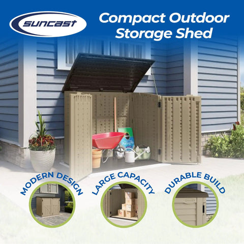 Horizontal Outdoor Storage Shed For Trash Cans And Gear, compact 34 cu ft capacity; open showing interior and garden tools