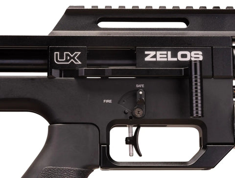 Close-up of Zelos 22 Caliber PCP Pellet Gun Air Rifle With 20 Round Rotary Magazine Side Lever Cocking mechanism.