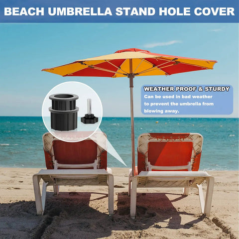 Six Piece Patio Umbrella Base Hardware Kit Black Ring Plugs with umbrella securing pole on beach chairs
