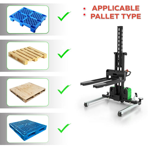 Heavy Duty Electric Walking Pallet Stacker Packs Rock Solid Two Thousand Two Hundred Pound Muscle For Smooth Operator Handling and showing various pallet types.