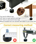 Two sizes of 8 Adjustable Furniture Levelers With 3/8 16 Unc Threads for Tables Chairs Cabinets Shelves and Sofas showing measuring method.