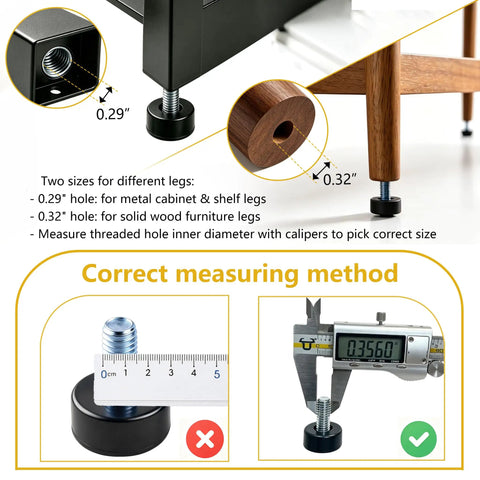 Two sizes of 8 Adjustable Furniture Levelers With 3/8 16 Unc Threads for Tables Chairs Cabinets Shelves and Sofas showing measuring method.
