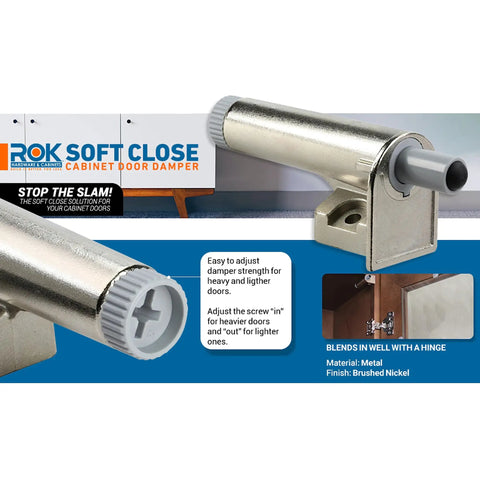 Heavy Duty All Metal Soft Close Adapters For Cabinet Doors Straight Up Smooth And Quiet Damper Hardware Zinc Alloy Compatible Built Tough Game Changer To Finally Stop Those Annoying Door Slams close-up view of metal camber damper with brushed nickel finish