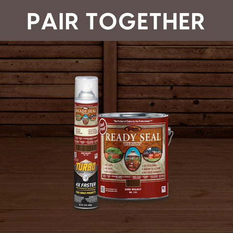 Top Shelf Dark Walnut Exterior Wood Stain and Sealer Turbo Spray System Oil Based Goof Proof Formula for Decks and Fences in can and spray can.