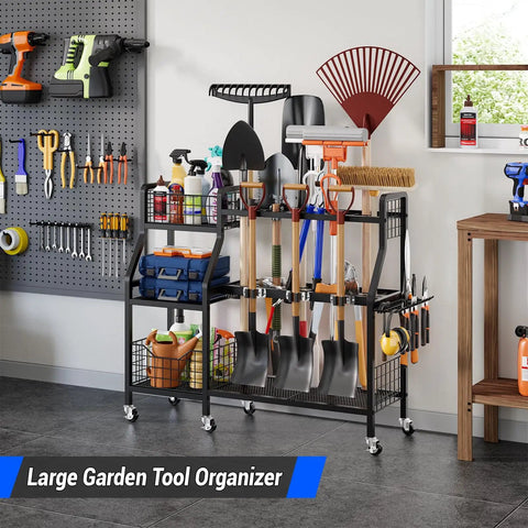 Heavy Duty Garden Tool Organizer On Wheels With Six Wheels Three Lockable And Two Baskets Large Metal Garage Tool Storage
