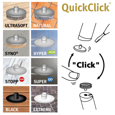QuickClick Felt Gliders For Furniture And Chairs Replacement Set Of 8 Interchangeable 15 mm Diameter Easy Install For Smart Bases SYNO Felt Water Resistant Made In Germany, showcasing interchangeable designs and click installation mechanism.