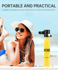 0.5L Mini Scuba Tank Portable Lung Tank DOT Certified for Underwater Breathing Training next to woman on beach