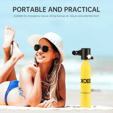 0.5L Mini Scuba Tank Portable Lung Tank DOT Certified for Underwater Breathing Training next to woman on beach