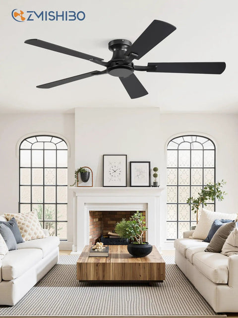 52 Inch Flush Mount Ceiling Fan With Remote Control, Dope Low Profile Black Design, Quiet DC Motor, No Light in modern living room