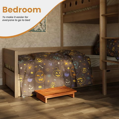 3.5 Inch Wooden Step Stool For Adults, Fully Assembled And Ready To Roll, Acacia Wood Construction, beside a bed