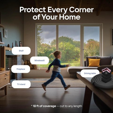 Child running in living room with Baby Proof Corner Guards For Tables And Edges With 18 Ft Bumper and 8 Cushy Foam Protectors visible