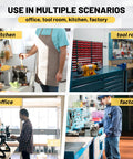 Collage showing Heavy Duty Anti Fatigue Floor Mat 2x3 Ft Diamond Plate Vinyl Non Slip Ergonomic Standing Pad in kitchen, tool room, office, and factory settings with text "Use in multiple scenarios."