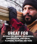 Nitrile gloves, black, worn by a man holding wooden planks.