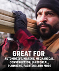 Man wearing heavy duty industrial nitrile gloves carrying wooden beam, highlighting great for various demanding jobs.