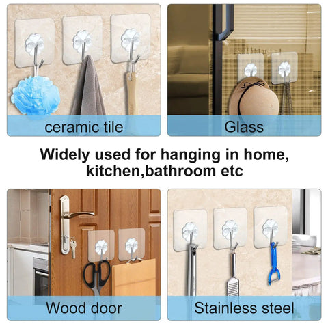 Heavy Duty Adhesive Wall Hooks 22lb Max, 50 Pack Transparent Sticky Hangers For Key Cups Hats Coats on various surfaces
