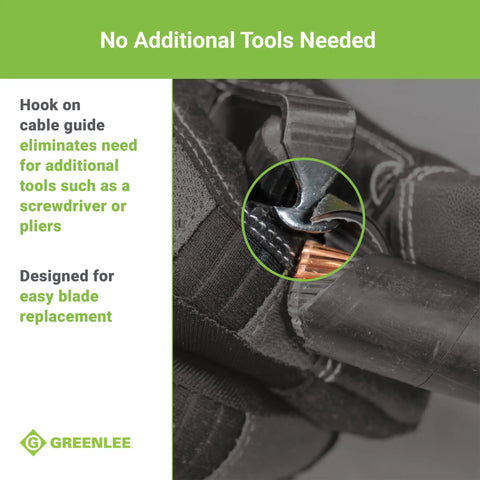 Close-up of Pocket Cable Stripping Tool With High Carbon Steel Blade, 7 Inch, showing hook on cable guide in use.