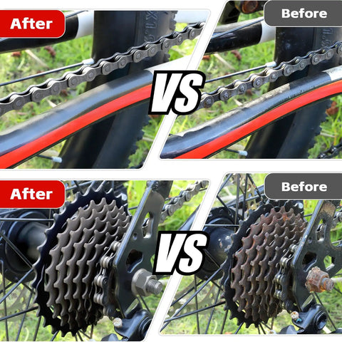 Comparison of bike chain and cog before and after using All In One Bike Cleaning Kit With Chain Cleaner Degreaser Chain Lube Scrubber.