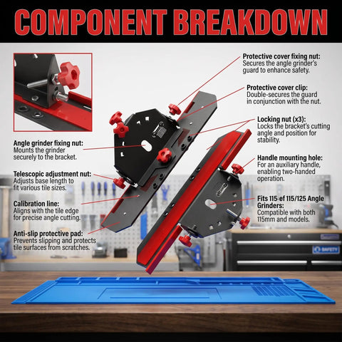 45 Degree Tile Chamfer Jig For 4.5 Inch And 5 Inch Angle Grinders Built Tough Bevel Cutting Tool For Precise Burr Free Tile Edges Easy Tiling Finish Includes Gloves, component breakdown