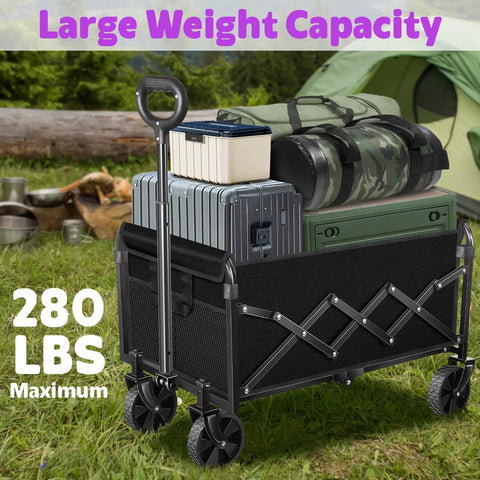 Foldable Wagon Cart With 280 Lbs Capacity, Lightweight And Easy To Carry Weighs Only 11 Lbs shown carrying camping gear