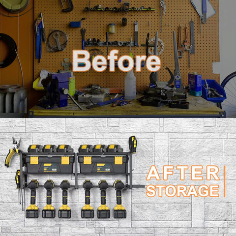 Before and After: Power Tool Organizer With Six Drill Holders Wall Mounted Heavy Duty Metal Tool Rack Garage Storage Shelf