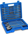 17 Piece SDS Plus Rotary Hammer Drill Bit And Chisel Set Carbide Tipped For Concrete Masonry Stone And Brick Includes Portable Storage Case Heavy Duty Beast Mode Demolition And Precise Holes, open blue case showing bits and chisels